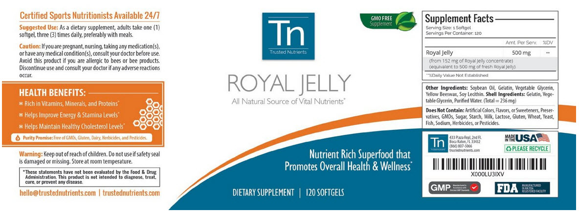 royal jelly ยี่ห้อ Trusted Nutrients Royal Jelly, 120 Count, 500 mg per Softgel, Nutrient Rich, GMO Free